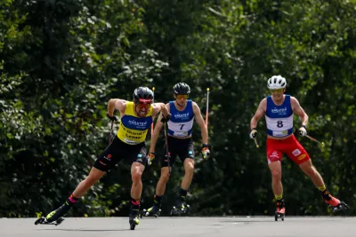 03.09.2023, Villach, Austria (AUT): Johannes Rydzek (GER), Terence Weber (GER), Martin Fritz (AUT) TQ-Traummomente: Mitmachen und gewinnen!