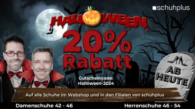 20 % Rabatt auf Schuhe in Übergrößen bei schuhplus, dem Experten für große Schuhe aus Niedersachsen. schuhplus startet 20% Halloween-Sparaktion