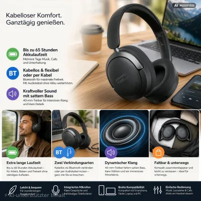 auvisio Faltbares Over-Ear-Headset OHS-515 mit Bluetooth, Akku, bis 65 Std. Laufzeit / AX-1238 auvisio Faltbares Over-Ear-Headset OHS-515, BT 5.4, Akku