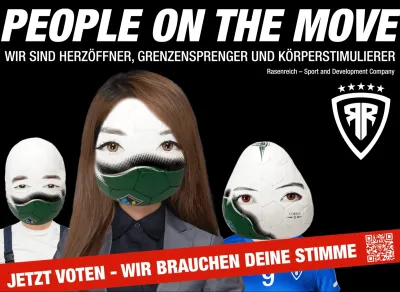 Rasenreich mit kreativem Plakat "PEOPLE ON THE MOVE" im Crossvertise-Wettbewerb
