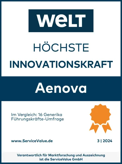 Unter deutschen Pharma-/Generika-Unternehmen ist Aenova auf Platz 1 (Grafik: ServiceValue) Aenova erhält Auszeichnung "Höchste Innovationskraft"