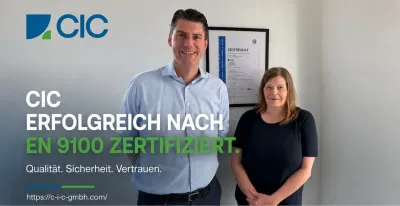 Dr. Christoph Klotzbach, Managing Director, CIC, Ilka Drever, Qualitätsmanagementbeauftragte, CIC Prepreg-Spezialist CIC erfolgreich nach EN 9100 zertifiziert
