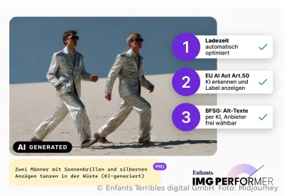 Drei Funktionen von IMG Performer: Bildoptimierung, KI-Kennzeichnung und Alt-Texte. KI-Kennzeichnung, Alt-Texte, Ladezeit: Plugin aus Hamburg