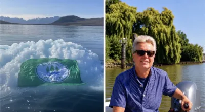 Die Elbwald-Flagge im grönländischen Eis (links) und Ulf Wolter vor dem Elbwald Gegen Klimakrise und Eisschmelzen: Elbwald retten zeigt Flagge in Grönland