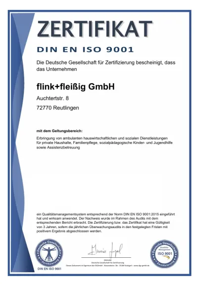 Freude über die DIN EN ISO 9001 Zertifizierung des Dienstleistungsunternehmens flink + fleißig GmbH Paradigmenwechsel - Zertifiziertes Qualitätsmanagement in der Sozialbranche