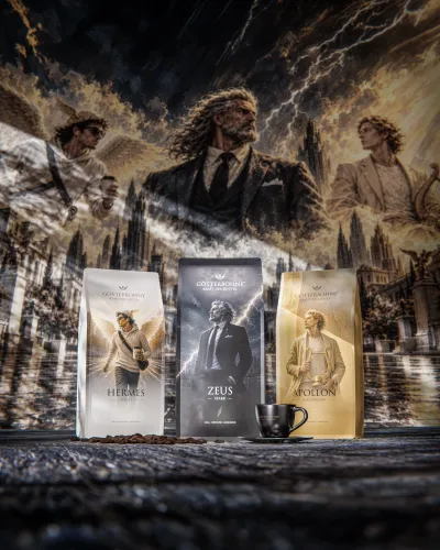 Hermes, Zeus und Apollon von Götterbohne®: drei Kaffeecharaktere von leicht über ausgewogen bis stark. Von Zeus bis Aphrodite: Premiumkaffee als ganze Bohne