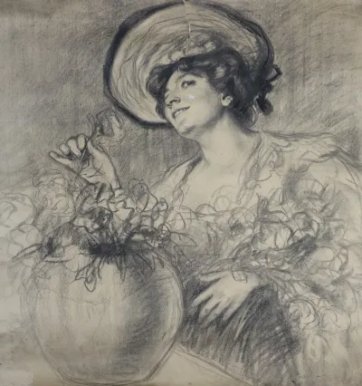 Hugo v.Habermann d.Ä.(1849-1929)Franzi mit Rosen,o.J.Bleistift/Kohle auf Papier Museumsverein Dachau Sonderausstellung - BLICK.PUNKT. Was Blicke erzählen