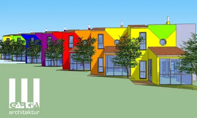 Innovative kreuzförmige Reihenhäuser als klimagerechte Antwort auf örtliche Gegebenheiten. Guijuelo Architektur trifft Philosophie: Das TETRIS Oasis®-Konzept