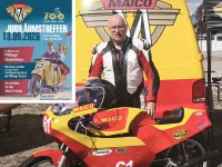 MAICO-Rennfahrer Peter Vagt stellt MAICO MD 250 WK CUP-Prototyp auf dem 100-Jahre-MAICO-Jubiläumstreffen aus
