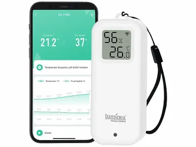 Luminea Home Control WLAN-Temperatur- und Luftfeuchtigkeitssensor mit Display, App, www.pearl.de Luminea Home Control WLAN-Temperatur- und Luftfeuchtigkeitssensor