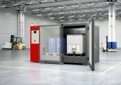 Die neue Wärmekammer HB (Heating Box) von DENIOS schafft Temperaturen von bis zu 120 Grad DENIOS präsentiert innovative Wärmekammer