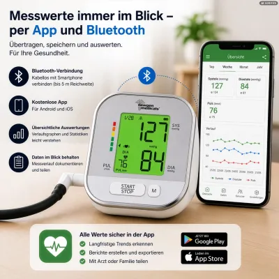 newgen medicals Smartes Oberarm-Blutdruckmessgerät OB-330 mit Arrhythmie-Erkennung und App / JX-7141 newgen medicals Smartes Oberarm-Blutdruckmessgerät OB-330