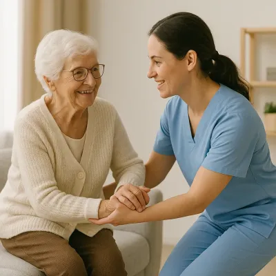 Pflegekraft unterstützt Seniorin beim Aufstehen (KI generiert). Welt-Rheuma-Tag: Frühe Unterstützung entlastet Betroffene und Angehörige