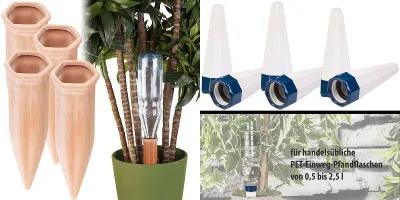 Royal Gardineer Sets Bewässerungs-Tonkegel, www.pearl.de Royal Gardineer 4er-Set XL-Bewässerungs-Tonkegel und 6er-Set Tonspitzen-Pflanzenbewässerung-System für PET-Flaschen