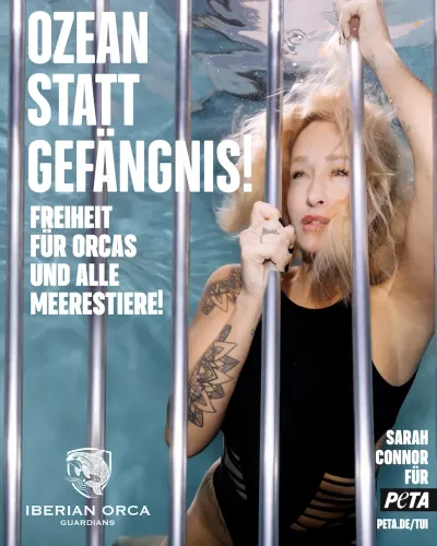 Sarah Connor für PETA Sarah Connor präsentiert Unterwasser-Motiv: Sängerin erhebt gemeinsam mit PETA erneut Stimme für Orcas / Deutlicher Appell an TUI