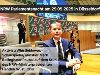 Der Schauspieler Mark Bellinghaus (Der Name der Rose), der sich als neuer Kultusminister von Sachsen-Anhalt beworben hat, auf dem Stuhl des amtierende Hendrik Wüst, MP von NRW: „Die Stadt Münster und unser Land haben sich von ihrer besten Seite gezeigt“