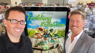 Die schuhplus-CEO Georg Mahn und Kay Zimmer (v.l.) launchen die neue schuhplus-Kollektion 2024 Kay Zimmer und Georg Mahn enthüllen Frühlingskollektion 2024 beim Schuhe in Übergrößen Versandhaus schuhplus