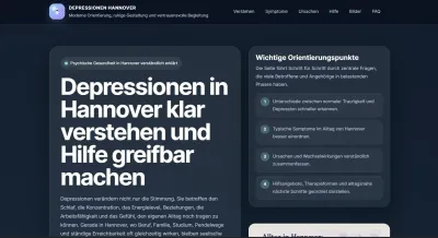 Screenshot der Website „Depression Hannover“ mit Informationen rund um Depressionen, Hilfsangebote Depressionen in Hannover: Warum schnelle Orientierung und seriöse Hilfeangebote für Betroffene wichtig sind