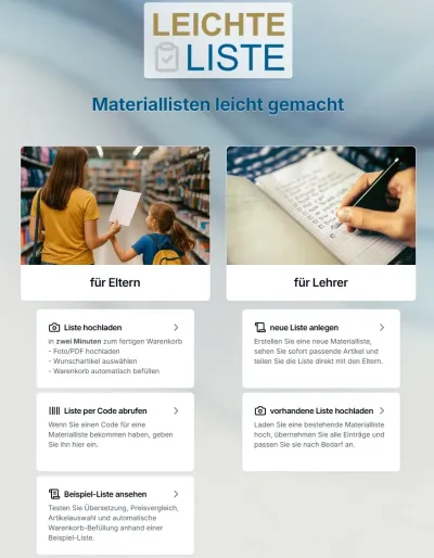 Startseite www.leichteliste.de Digitale Materialliste für den Schuleinkauf