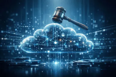 Symbolische Darstellung von Cloud-Computing und rechtlicher Regulierung, KI-generiert Echte Cloud-Datensouveränität für Unternehmen