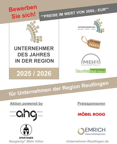 Unternehmen der Region Reutlingen aufgepasst! Wettbewerb Unternehmer des Jahres 2026 startet Unternehmen der Region Reutlingen aufgepasst! Wettbewerb Unternehmer des Jahres 2026 startet