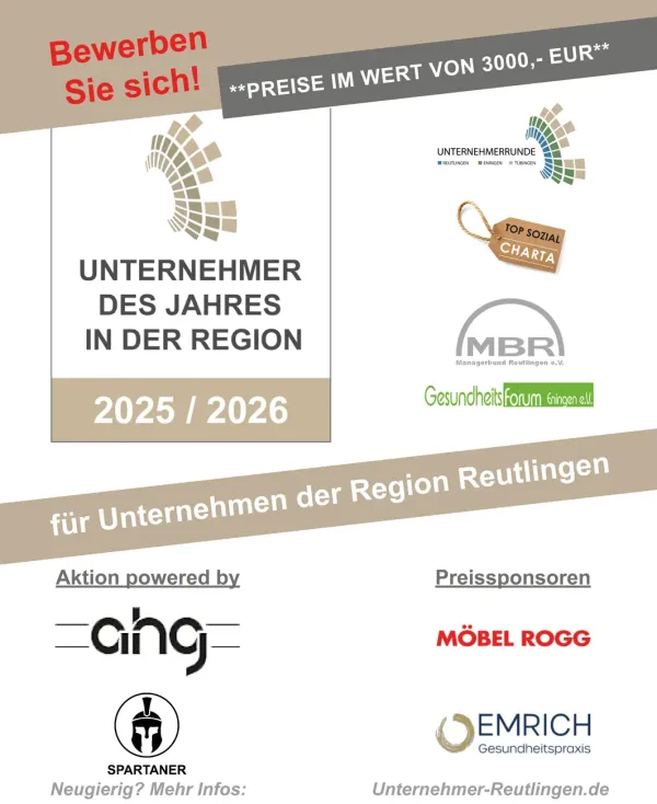 Unternehmen der Region Reutlingen aufgepasst! Wettbewerb Unternehmer des Jahres 2026 startet