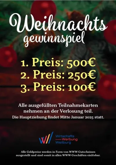 Im Weihnachtsgewinnspiel der WWW attraktive Preise gewinnen. Großes Weihnachtsgewinnspiel der WWW