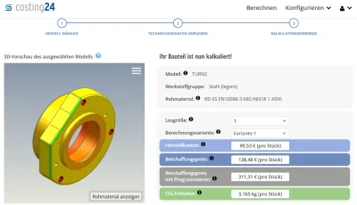 In wenigen Sekunden stellt costing24 Kalkulationen von Dreh-, Fräs-, und Biegeteilen grafisch dar costing24: CAD-Kalkulation für Metallbearbeitungen